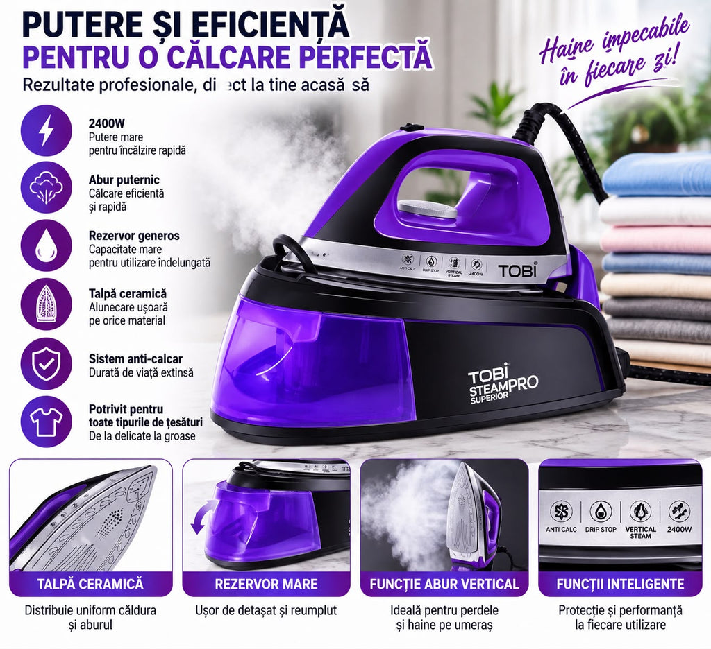 Stație de călcat cu abur Tobi SteamPro Superior, 2400 W, talpă ceramică, mov/negru