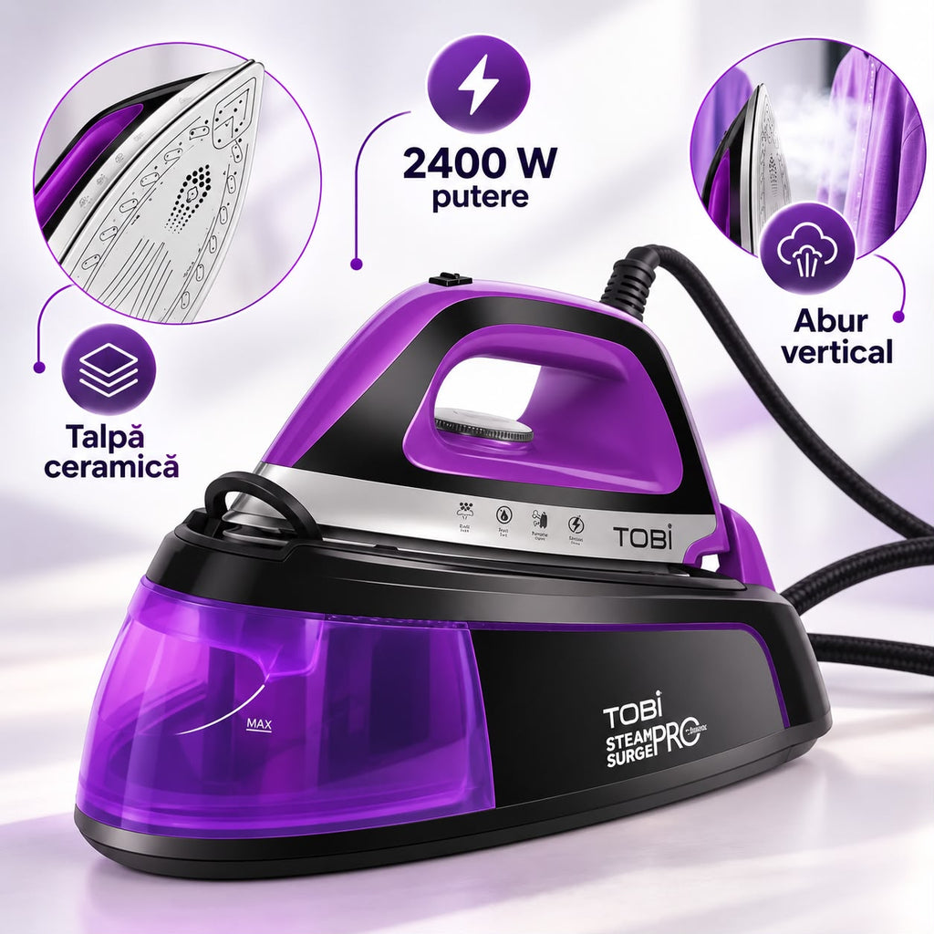 Stație de călcat cu abur Tobi SteamPro Superior, 2400 W, talpă ceramică, mov/negru