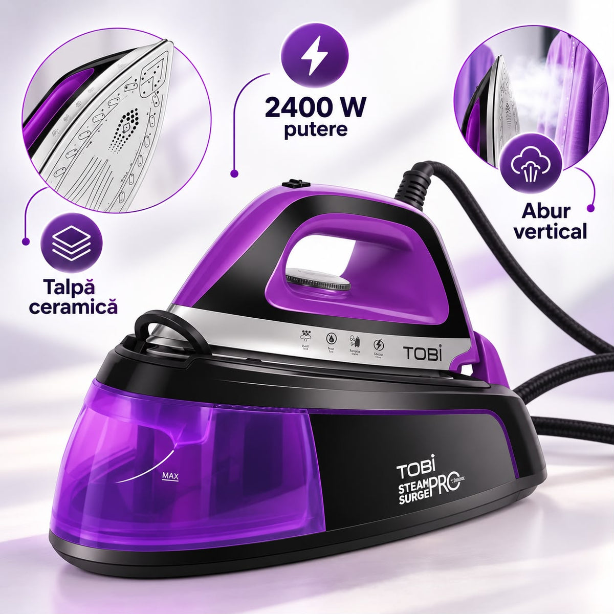 Stație de călcat cu abur Tobi SteamPro Superior, 2400 W, talpă ceramică, mov/negru