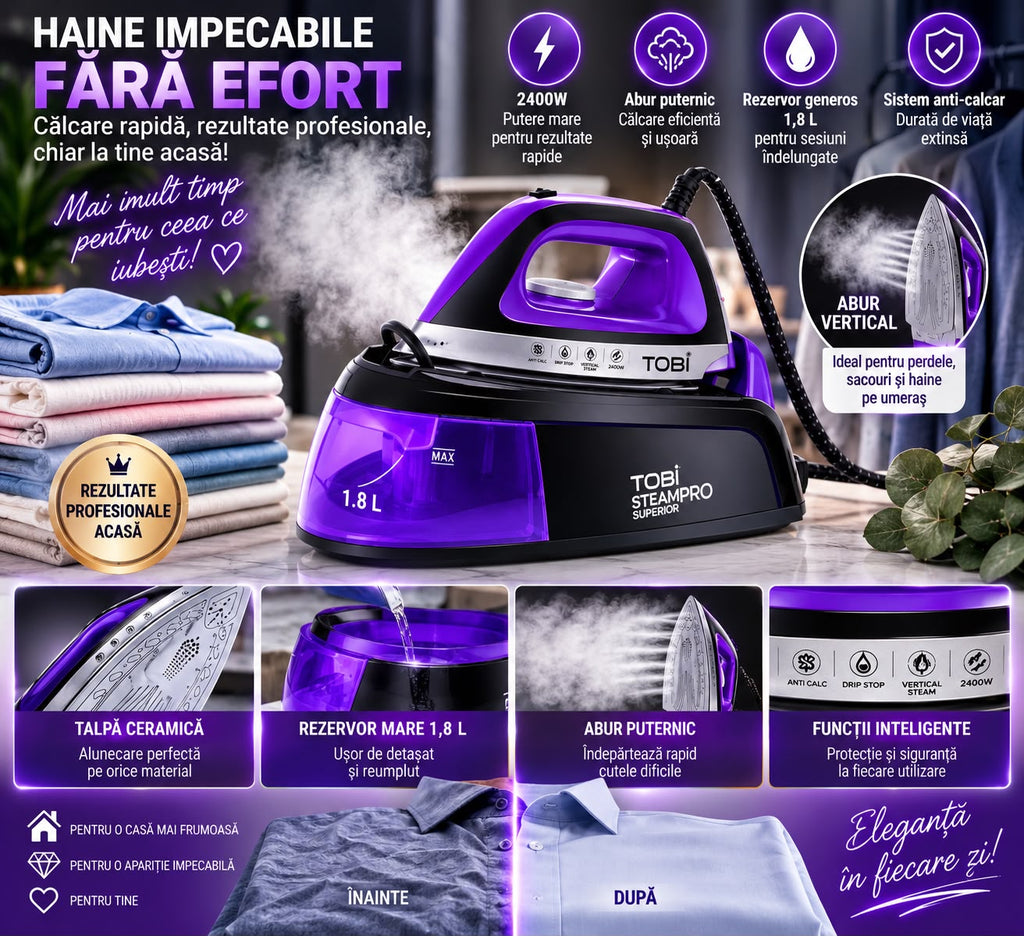 Stație de călcat cu abur Tobi SteamPro Superior, 2400 W, talpă ceramică, mov/negru