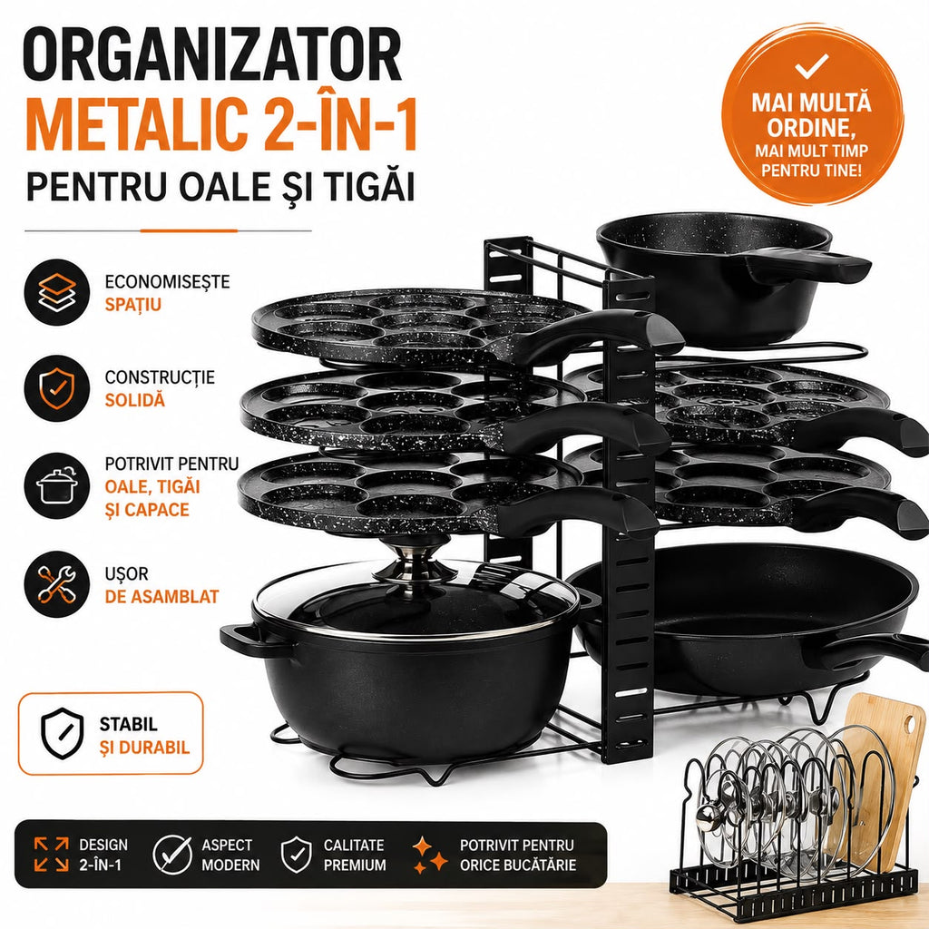 Organizator metalic 2-in-1 pentru oale si tigai-47x21x38cm,Negru