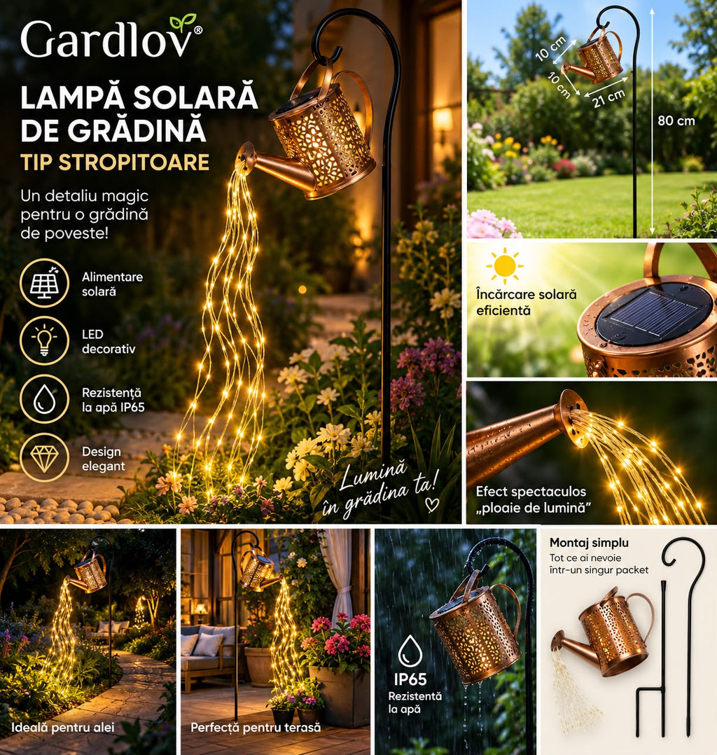 Lampa solara de Gradina tip stropitoare Gardlov, LED, efect ploaie de lumina, IP65, 80cm, Auriu