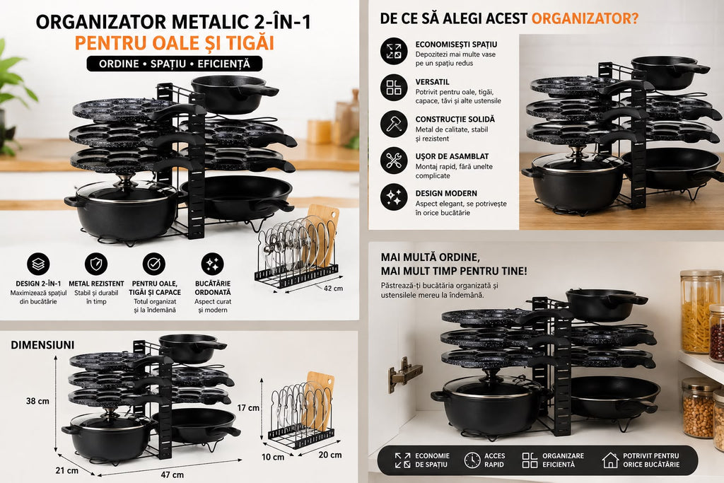 Organizator metalic 2-in-1 pentru oale si tigai-47x21x38cm,Negru