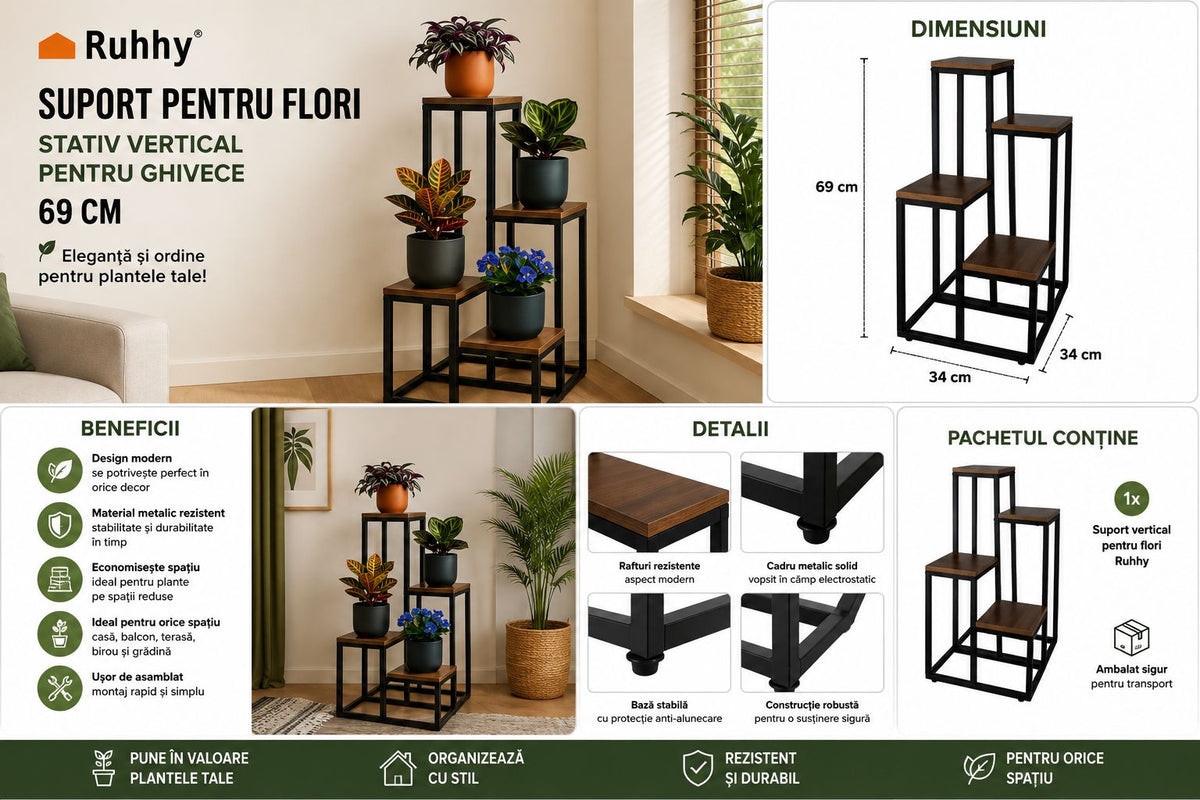Suport pentru flori ruhhy ,stativ vertical pentru ghivece  ,69cm ,metalic, negru /maro