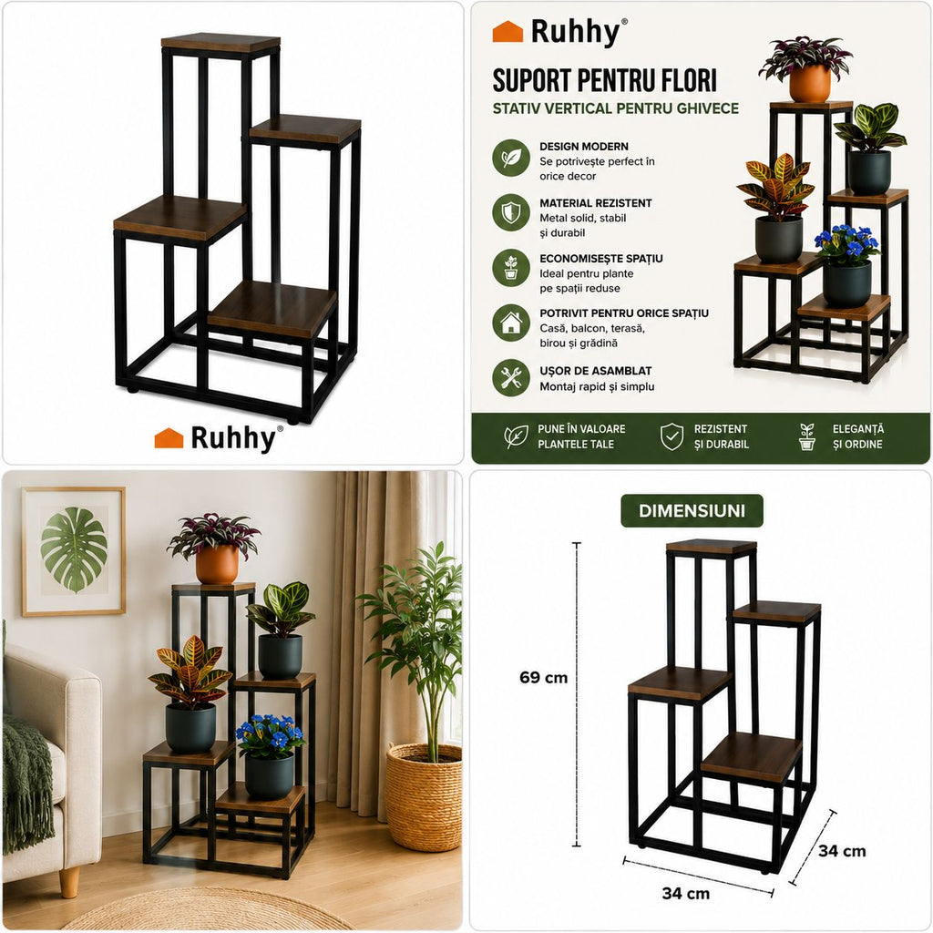 Suport pentru flori ruhhy ,stativ vertical pentru ghivece  ,69cm ,metalic, negru /maro