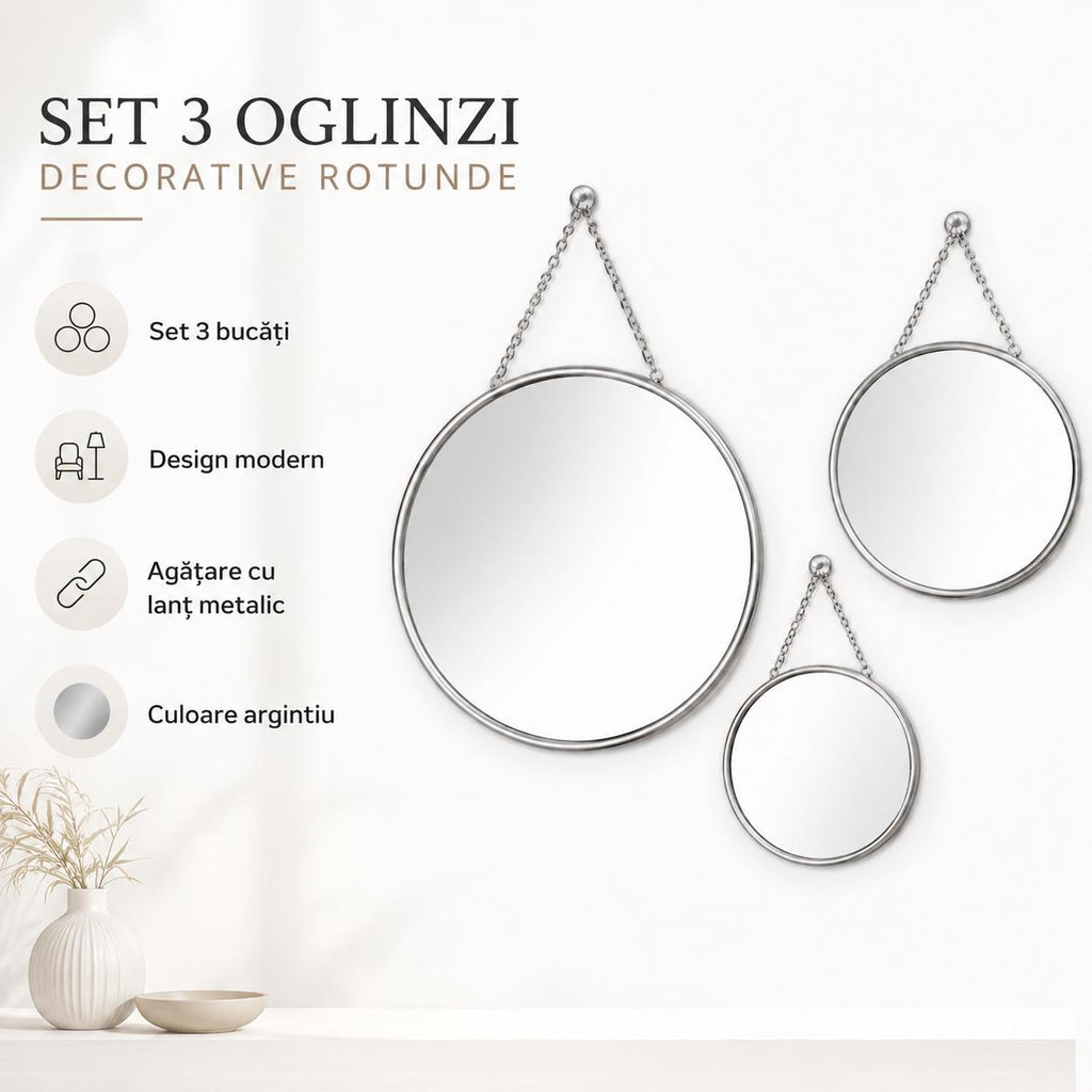 Set 3 Oglinzi Decorative Rotunde Suspendabile cu Lant - Design Modern, Argintiu