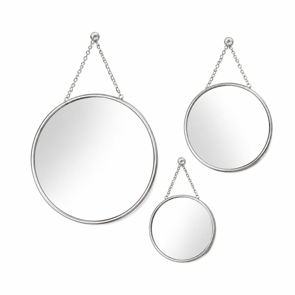 Set 3 Oglinzi Decorative Rotunde Suspendabile cu Lant - Design Modern, Argintiu