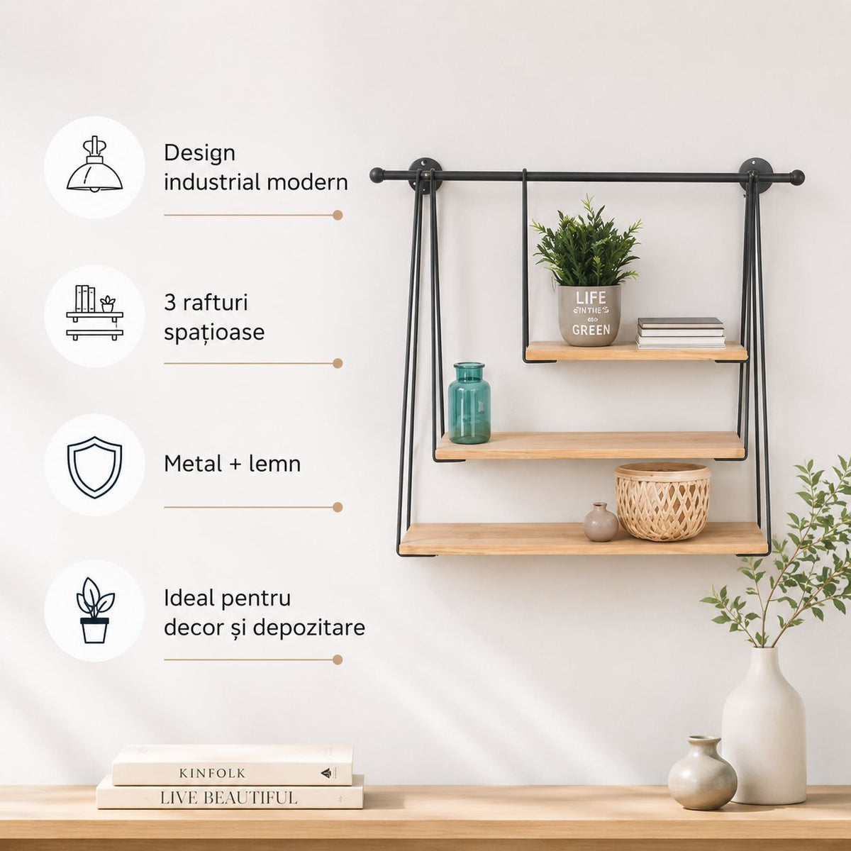 Raft Suspendat de Perete Stil industrial -metal-lemn 67,5x20x62cm