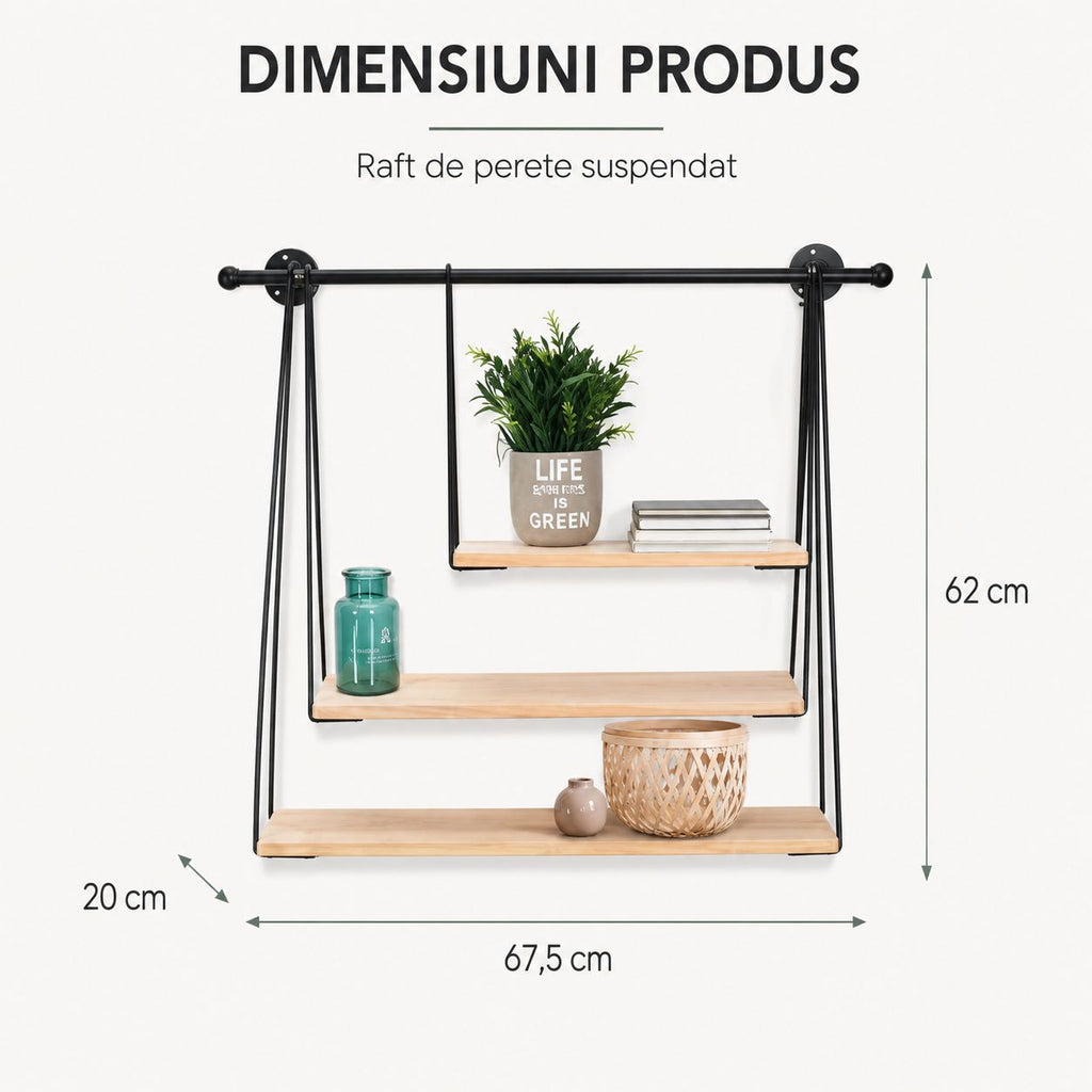 Raft Suspendat de Perete Stil industrial -metal-lemn 67,5x20x62cm