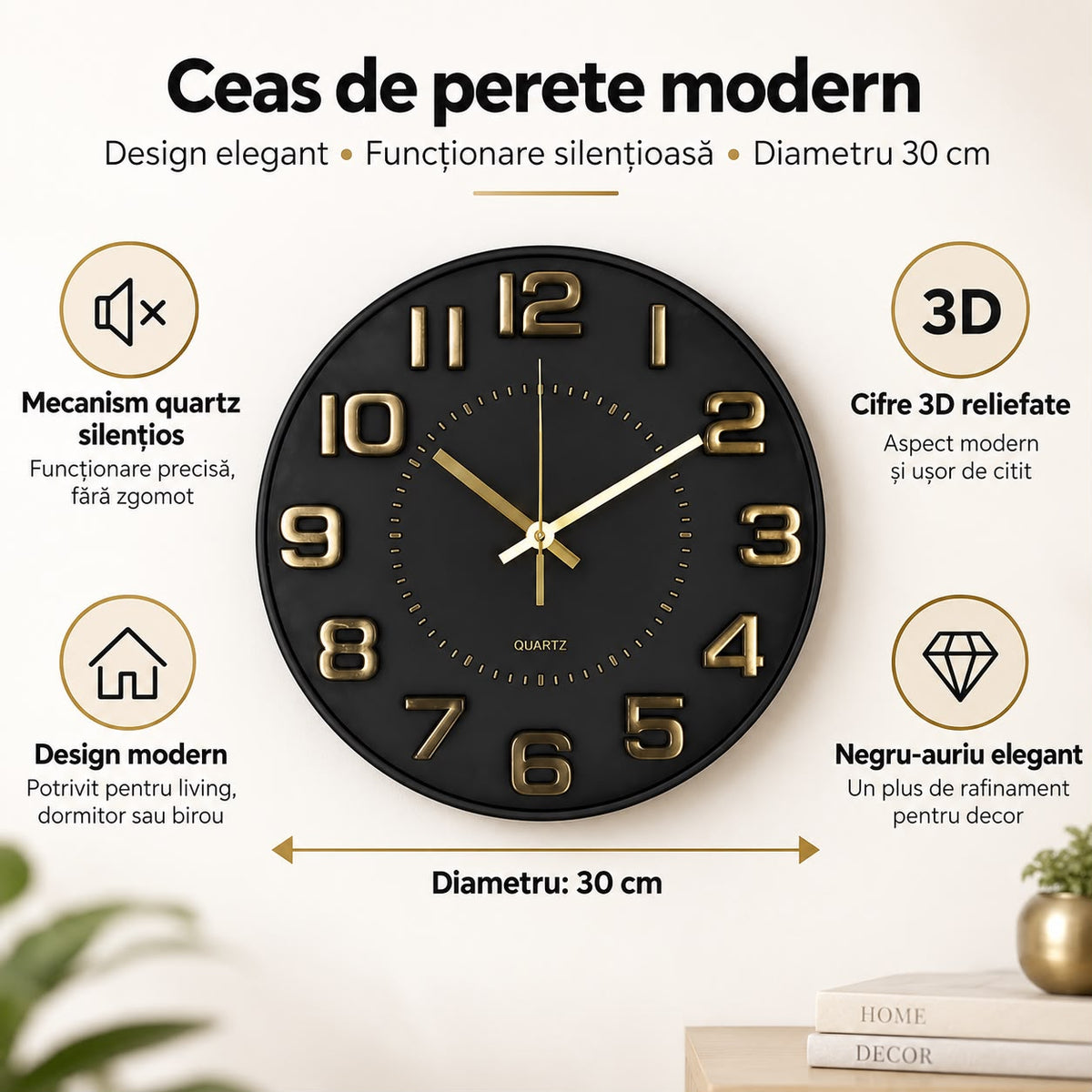 Ceas de perete 3D 30 cm,Quartz Silentios ,Desing Modern, Negru-Auriu