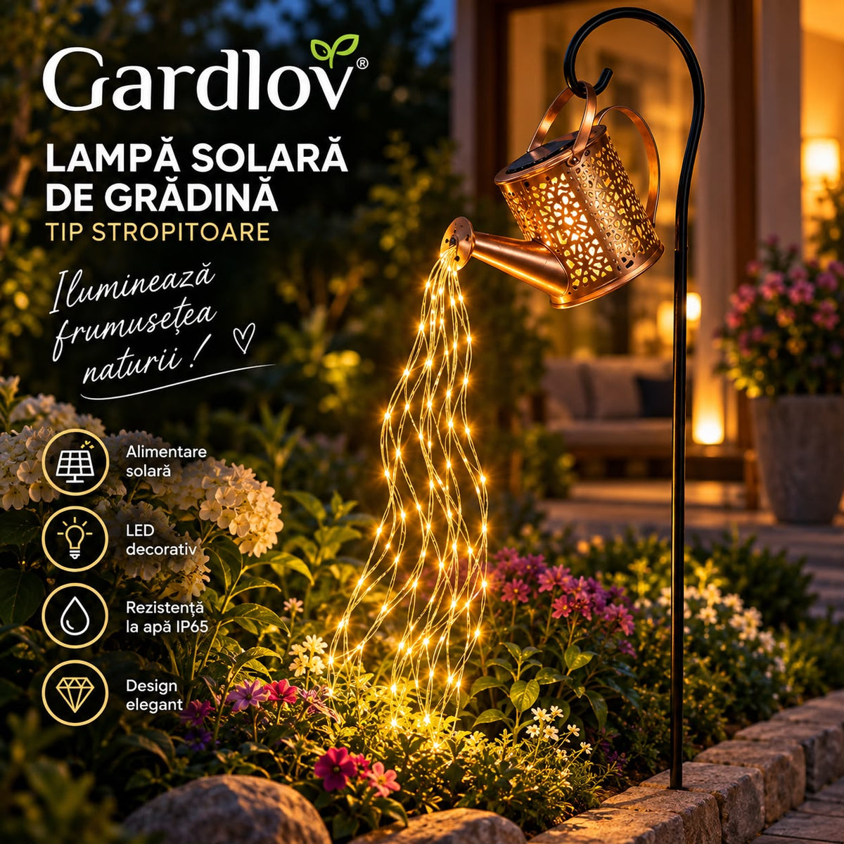 Lampa solara de Gradina tip stropitoare Gardlov, LED, efect ploaie de lumina, IP65, 80cm, Auriu