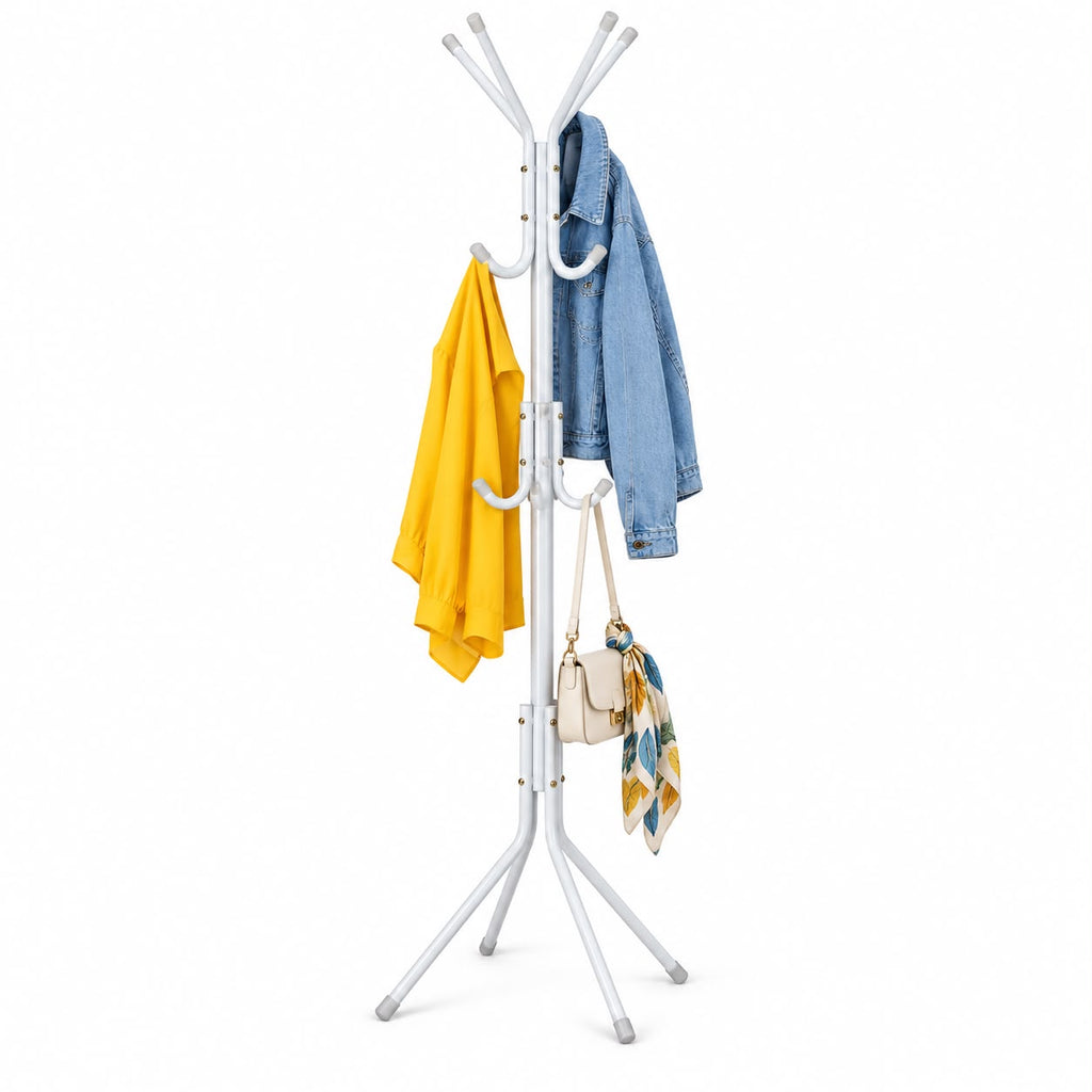 Cuier de podea metalic alb, 170 cm, 3 niveluri , 4 picioare , pentru hol ,dormitor sau birou
