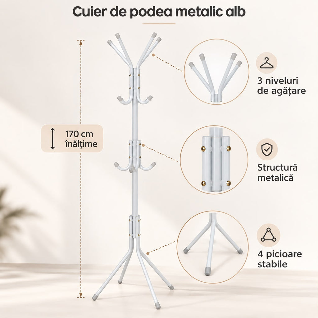 Cuier de podea metalic alb, 170 cm, 3 niveluri , 4 picioare , pentru hol ,dormitor sau birou