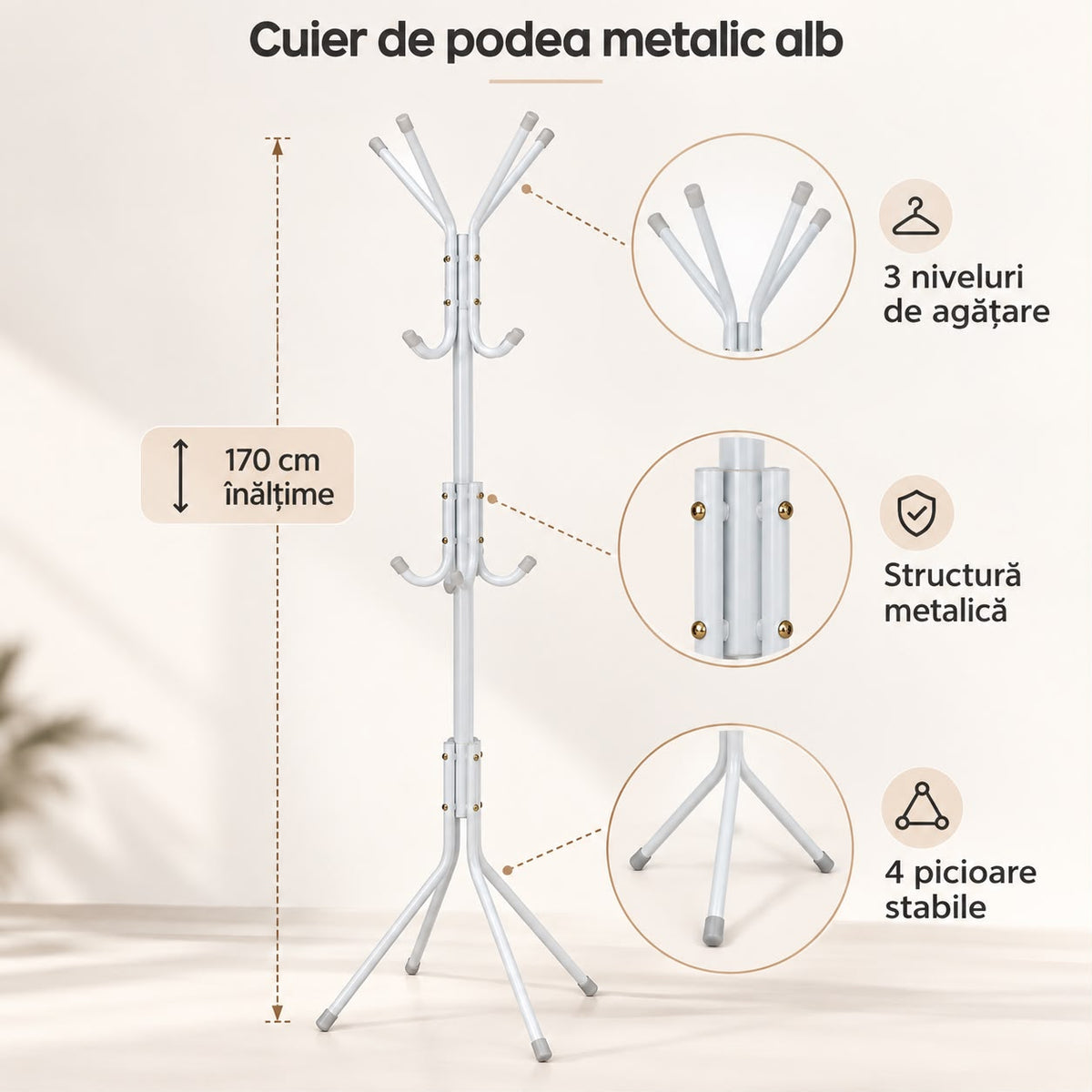 Cuier de podea metalic alb, 170 cm, 3 niveluri , 4 picioare , pentru hol ,dormitor sau birou