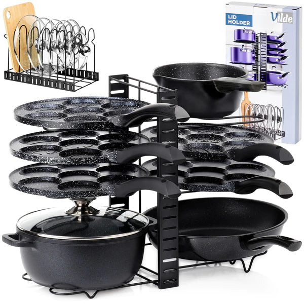 Organizator metalic 2-in-1 pentru oale si tigai-47x21x38cm,Negru